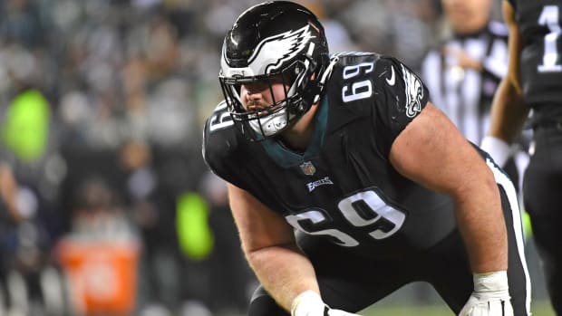 Philadelphia Eagles center Landon Dickerson (69) against the New York Giants at Lincoln Financial Field.